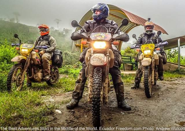 three muddy suzuki DR650s on a dualsport motorcycle adventure tour in ecuador