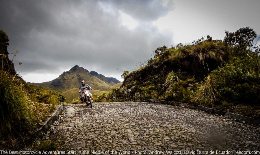 motorcycle riding on  a cobbled road to mojanda lake