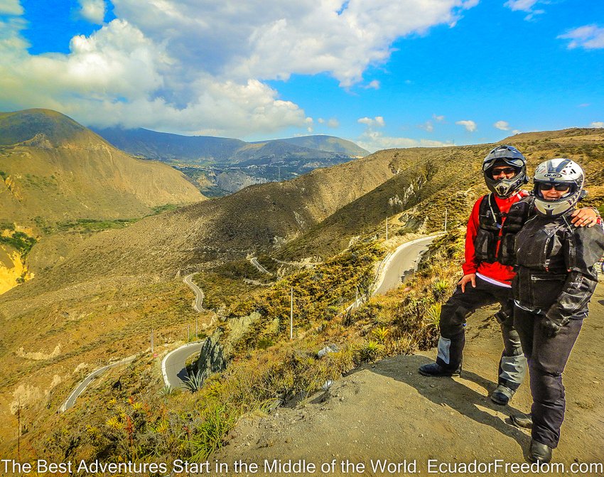 Twisty road to Perucho from Quito with two motorcyclists