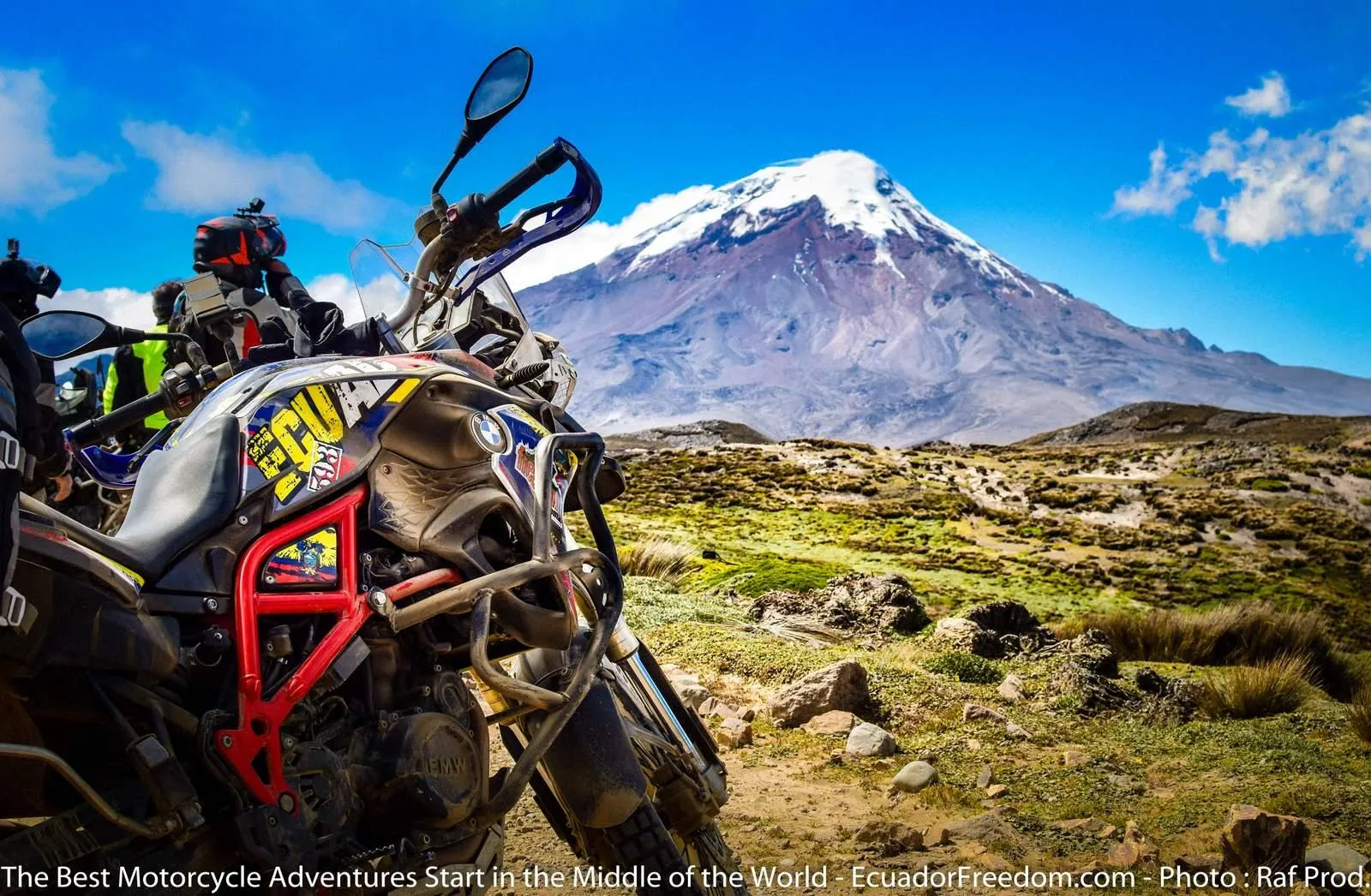 BMW F800GS with snow capped Chimborazo Volcano of Ecuador in background